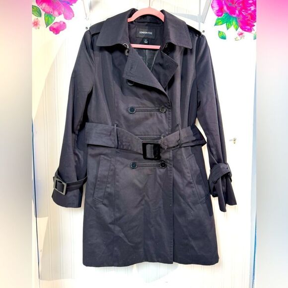 London Fog Black Trench Coat with Belted Waist and Notched Lapels Sz M - Picture 1 of 5